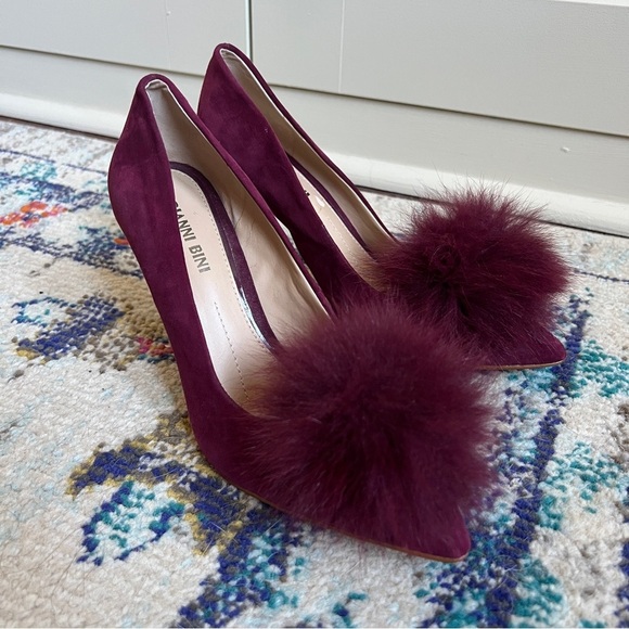 Ganni Shoes - Gianni Bini Dorindah Burgundy Suede Pumps with Real Fox Fur Pom Pom Details 8.5